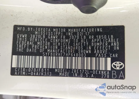 2017 Toyota Corolla Le из США, поврежденный, VIN 5YFBURHE7HP648003